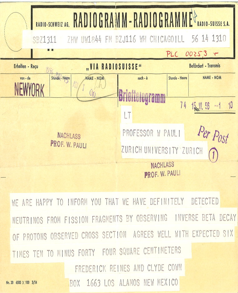 Reines and Cowan's 1956 telegram to Wolfgang Pauli