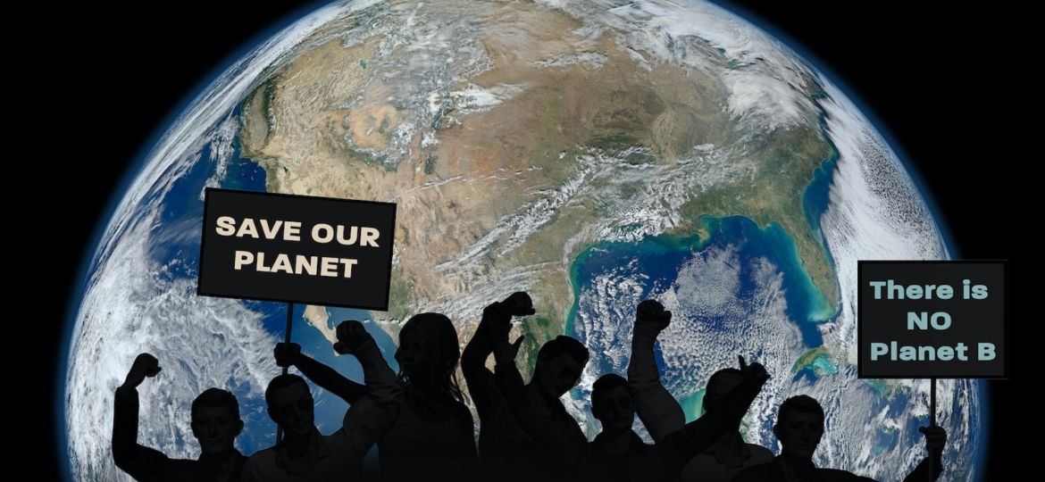 Political relationships. Activist people holding letters with words. Save our Planet, There is no Planet B with planet Earth in the background. Some elements of this image furnished by NASA.