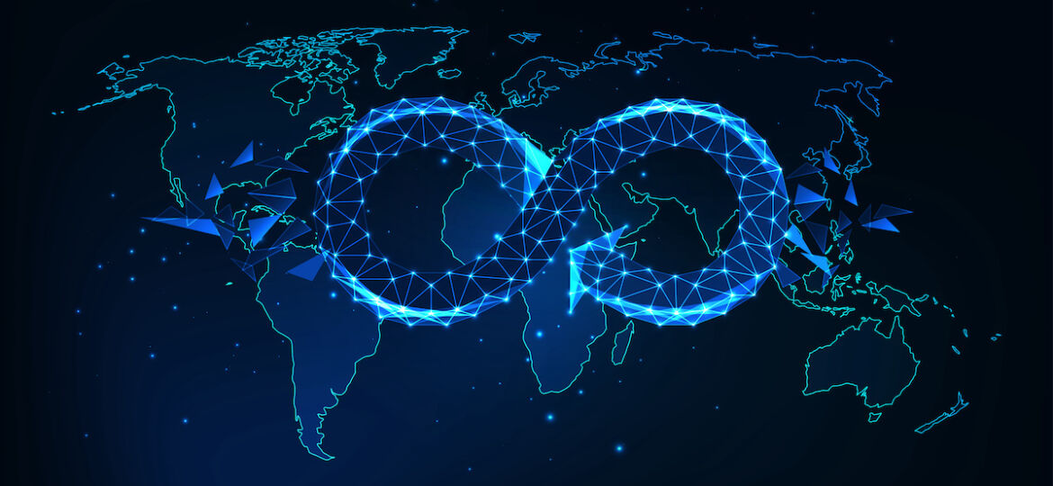 Futuristic global circular economy concept with glowing low polygonal infinity sign on the world map