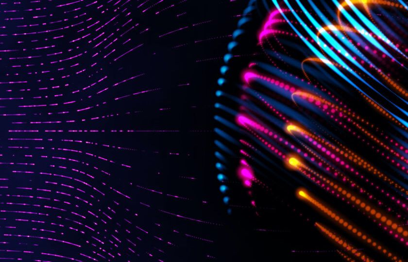 5G digital world internet connecting, neon color light digital global in cyber space with data line transfer link for future connecting technology concept. 3d rendering visual model.