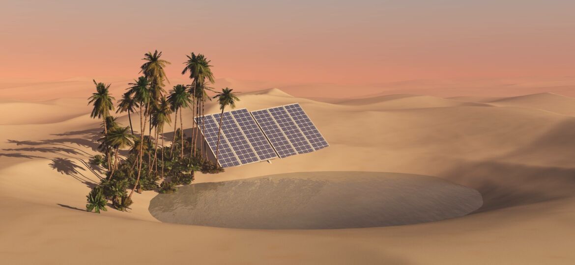 solar panels in the desert, an oasis in the sandy desert with a renewable energy source