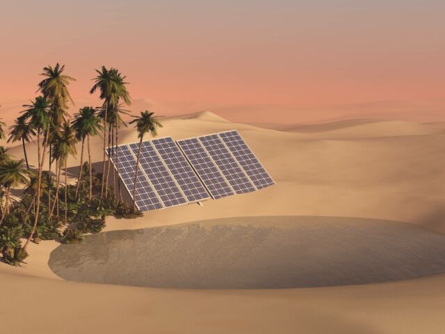 solar panels in the desert, an oasis in the sandy desert with a renewable energy source