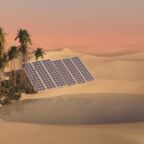 solar panels in the desert, an oasis in the sandy desert with a renewable energy source
